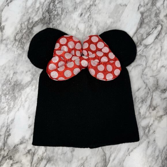 Disney Minnie Mouse Sparkle Red Bow Ears Beanie Black Winter Hat Kids One Size - Picture 1 of 8